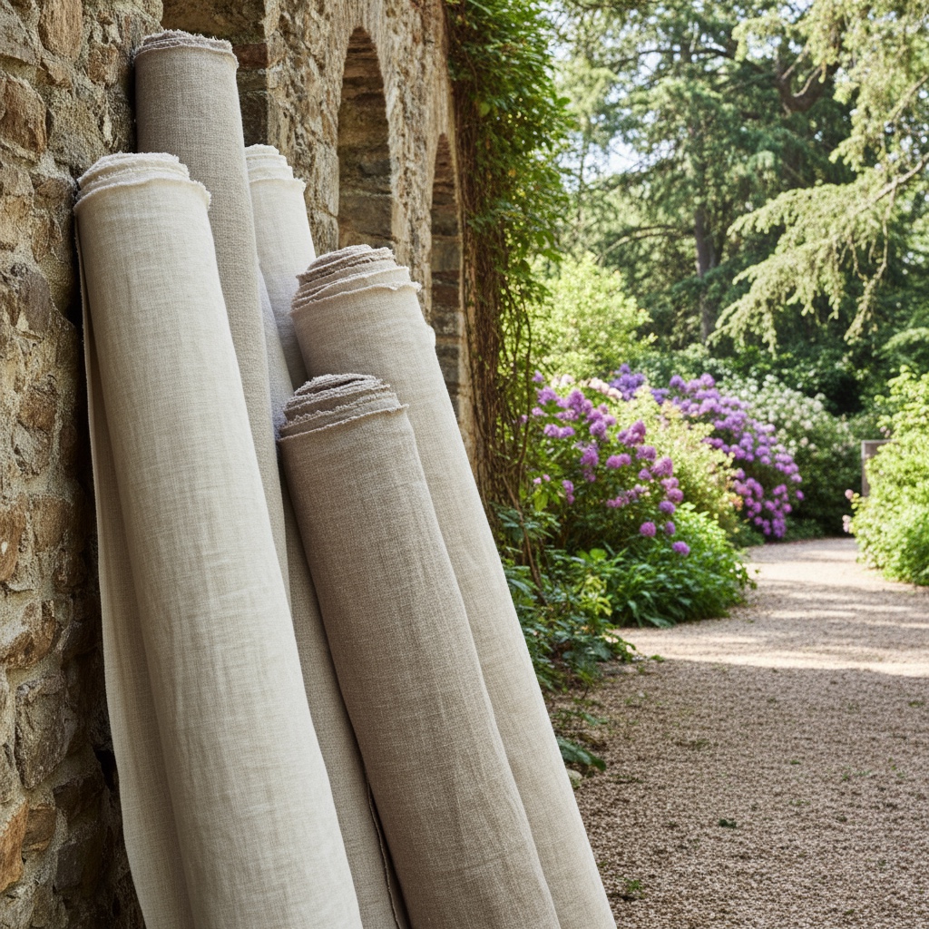Rolls of natural linen fabric outdoors