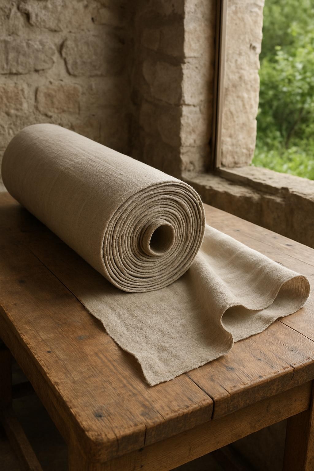 Rolled linen fabric on windowsill