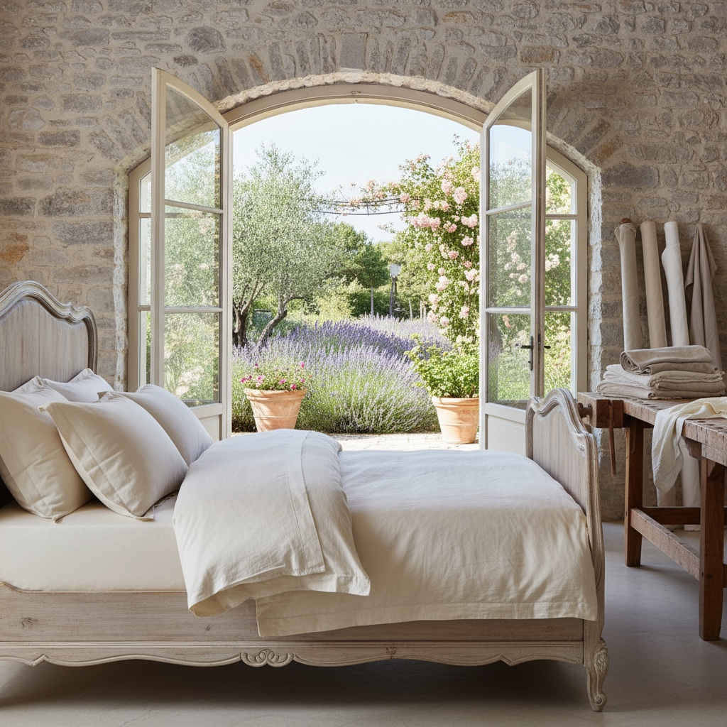 Bedroom with natural linen bedding